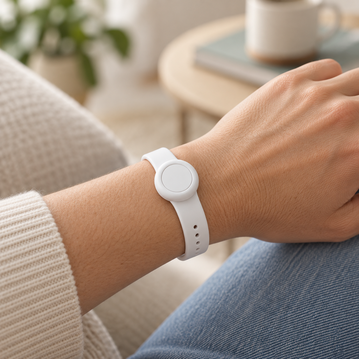 White Flic button worn on a person's wrist