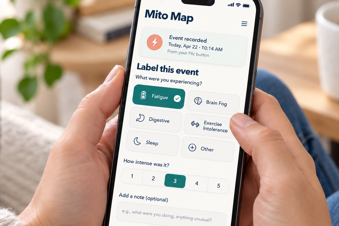 Person labeling a recorded symptom event in Mito Map on a phone
