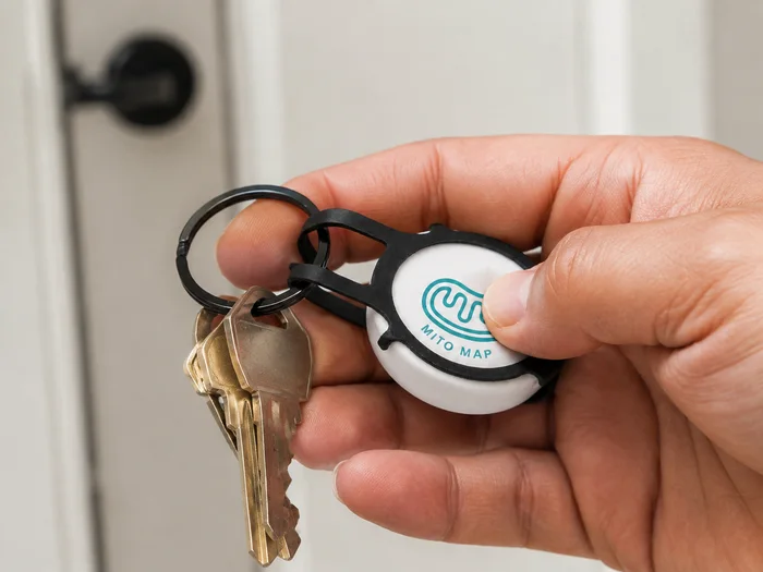 Person pressing a small Mito Map button attached to a keychain