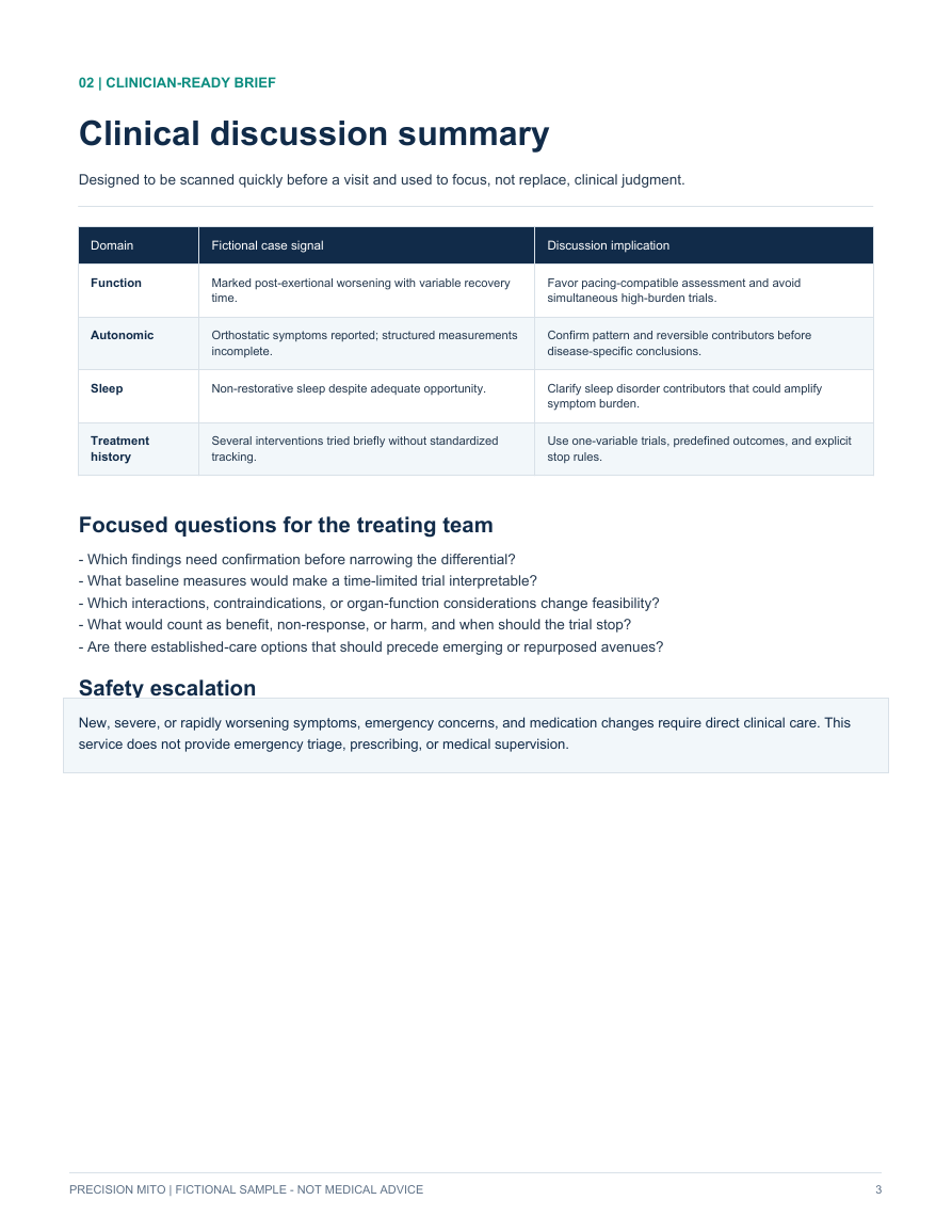 Sample doctor summary with key facts, warnings, and questions.