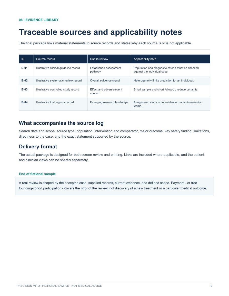 Sample source list showing the research behind the report and how well it matches the case.