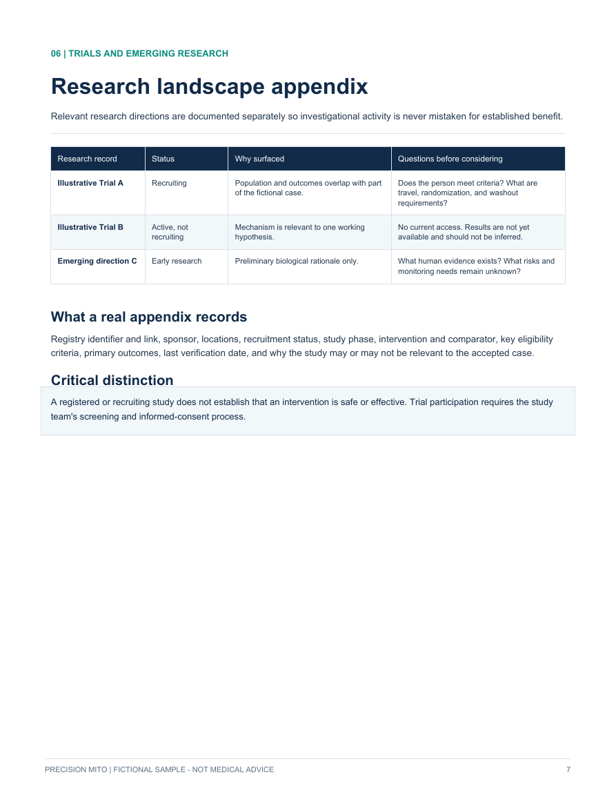 Sample clinical trials page showing study status and questions about joining.